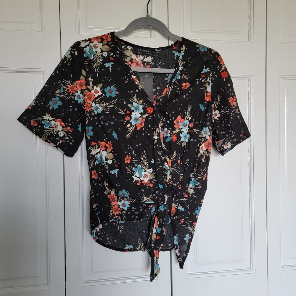 Floral button up tir front shirt